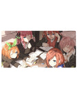 32x16 inches anime girl mouse pad with five schoolgirls studying, notebooks and pastel pens, cozy desk scene.