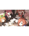 40x20 inches anime girl desk pad with five schoolgirls studying, notebooks, pastel pens, cozy desk clutter.