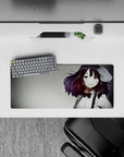 Warm smoky auburn and white anime mouse pad 28x12 inches, cozy dramatic vibe with soft gradients.