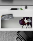 32x12 inches anime desk mouse pad in warm auburn and white tones, glossy highlights, cozy dramatic mood.
