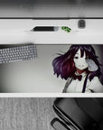 Cozy warm anime desk pad 36x16 inches in soft smoky tones, auburn highlights, and clean glossy gradients.