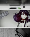Warm cozy anime desk pad 40x20 inches in deep auburn and soft gray tones with gentle glossy highlights.