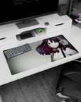 32x16 inches desk mouse pad featuring a smiling anime girl with wavy auburn hair, crisp blouse, red bow.