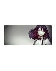 Anime girl mouse pad 28x12 inches with auburn-haired heroine, white shirt and red bow, glossy anime art.