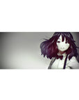 Anime girl desk pad 36x16 inches with auburn wavy hair, white shirt, and red bow on smoky backdrop.