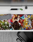 Anime desk pad 36x16 inches featuring Kirito and crew in samurai and shrine maiden outfits under sakura and autumn leaves.