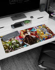 Anime desk pad 36x16 inches featuring Kirito and crew in samurai outfits with sakura and autumn leaves, vibrant colors.