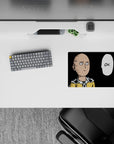 Minimal black-and-yellow anime mouse pad 14x10 inches, clean lines and deadpan OK bubble, calm vibe.