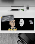 32x12 inches anime mouse pad with bold black backdrop, bright yellow suit, and calm deadpan humor vibe.