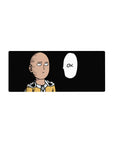 28x12 inches anime mouse pad with Saitama in yellow suit and cape on a black background, OK bubble.