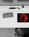 Moody dark fantasy anime mouse pad 14x10 inches in deep reds fading to smoky black, cozy cinematic vibe.