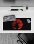 Moody red-and-black anime mouse pad 28x12 inches, smoky gradients, cinematic late-night vibe.