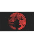 Anime desk pad 40x20 inches with crimson moon over starfield, silhouetted swordsman, and ink-like birds.