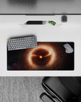 Warm orange glow mouse pad 28x12 inches in cozy browns and shadowy blacks for a calm, moody desk.