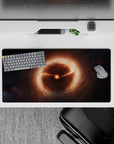 Warm orange glow mouse pad 32x16 inches in soft browns and shadowy blacks for a cozy, mysterious desk vibe.