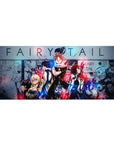 Fairy Tail anime desk pad 36x16 inches with Natsu, Lucy, Gray, and Erza over manga panel backdrop.