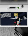 32x16 inches anime mouse pad in deep navy with blond spikes and icy blue accents, fast neon vibe.