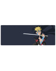 32x12 inches anime mouse pad with dynamic Boruto-inspired pose, karma marks, clean navy backdrop.