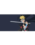 36x16 inches anime desk pad with Boruto in a dramatic pose, clean navy backdrop and glowing karma marks.