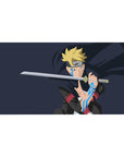 40x20 inches anime desk pad with Boruto blade pose, karma marks, crisp lines on deep navy background.