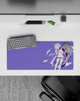 28x12 inches anime mouse pad in soft lilac with dreamy flat colors, teal and pink accents, cozy vibe.