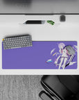 32x12 inches anime girl desk mat in dreamy lilac and purple, with teal and pink accents, cozy clean art.