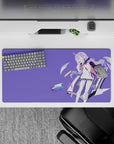 32x16 inches dreamy lilac anime desk mat with flat bold colors, cozy vibe, and teal-pink accents.