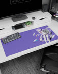 Shy purple-haired schoolgirl on lilac background with paper planes, anime desk pad 36x16 inches.