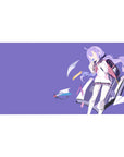 Anime girl desk pad 40x20 inches with lilac backdrop, schoolgirl silhouette, and paper plane pattern.