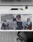 32x16 inches anime desk mat in soft grays and icy blues with red petal accents, dramatic romantic mood.