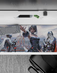 Anime girl desk pad 36x16 inches in soft grays and icy blues with red petals, dramatic romantic mood.