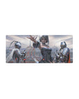 28x12 inches anime girl mouse pad with silver-haired heroine, knights, and cathedral skyline fantasy art.