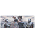 32x12 inches anime girl mouse pad with silver-haired heroine, knights, and cathedral skyline fantasy art.