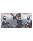 32x16 inches anime girl mouse pad with silver-haired heroine, knights, and cathedral skyline fantasy art.