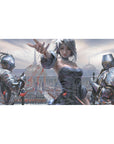 40x20 inches anime girl desk pad with silver-haired heroine, knights, and cathedral skyline fantasy art.