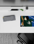 Anime mouse pad 14x10 inches featuring a stylized Scout Regiment soldier from Attack on Titan, blades drawn mid-air.