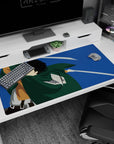 Anime desk pad 40x20 inches featuring Scout Regiment soldier from Attack on Titan, in action with blades drawn.