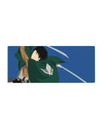 Anime mouse pad 28x12 inches featuring a stylized silhouette of a Scout Regiment soldier from Attack on Titan, blades drawn.