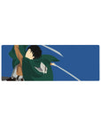 Anime mouse pad 32x12 inches featuring Scout Regiment soldier from Attack on Titan, in action with blades drawn.