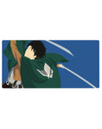 Attack on Titan mouse pad 32x16 inches, featuring a Scout Regiment soldier in action with swords drawn against a blue sky.