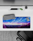 28x12 inches mouse pad showcasing a twilight cityscape beneath a radiant, starry sky for a peaceful yet dynamic desk design.