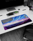 Modern 32x16 inches mouse pad with a twilight cityscape and radiant, starry sky for a calming yet inspiring desk atmosphere.