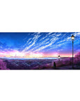 Mouse pad featuring a twilight cityscape, 36x16 inches, with a radiant, starry sky for a calming yet energizing workspace atmosphere.