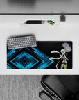 Anime mouse pad featuring Sinon from Sword Art Online, size 28x12 inches, with electric blue backdrop and sharp geometric design.