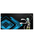 Mouse pad 32x16 inches featuring Sinon from Sword Art Online, poised with rifle amidst electric blue geometric patterns.
