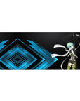 Anime desk pad 36x16 inches featuring Sinon from Sword Art Online aiming her sniper rifle, set against glowing electric blues.