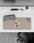 28x12 inches anime mouse pad in warm beige with bright orange V-fins, white armor, teal accents, calm vibe.