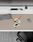 Warm beige 36x16 inches anime desk pad with sharp orange V-fins, white armor, calm minimalist vibe.