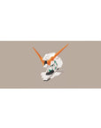 Minimal Unicorn Gundam head anime desk pad, clean layout with orange V-fins, 36x16 inches.