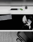 Anime desk pad 36x16 inches featuring Kaneki from Tokyo Ghoul, split face design with red eye on a black background.